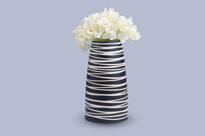 Caffeine Premium Ceramic Handmade Black Strip Flower Vase (Set of 1)