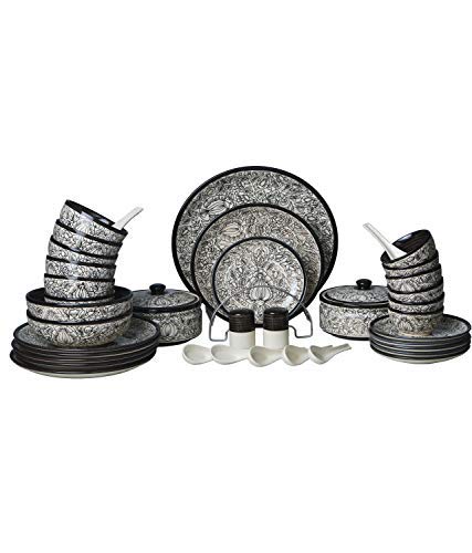 Caffeine Ceramic Handmade Black Perru Dinner Set (37 pcs Microwave & Dishwasher Safe) - Caffeine Premium Stoneware