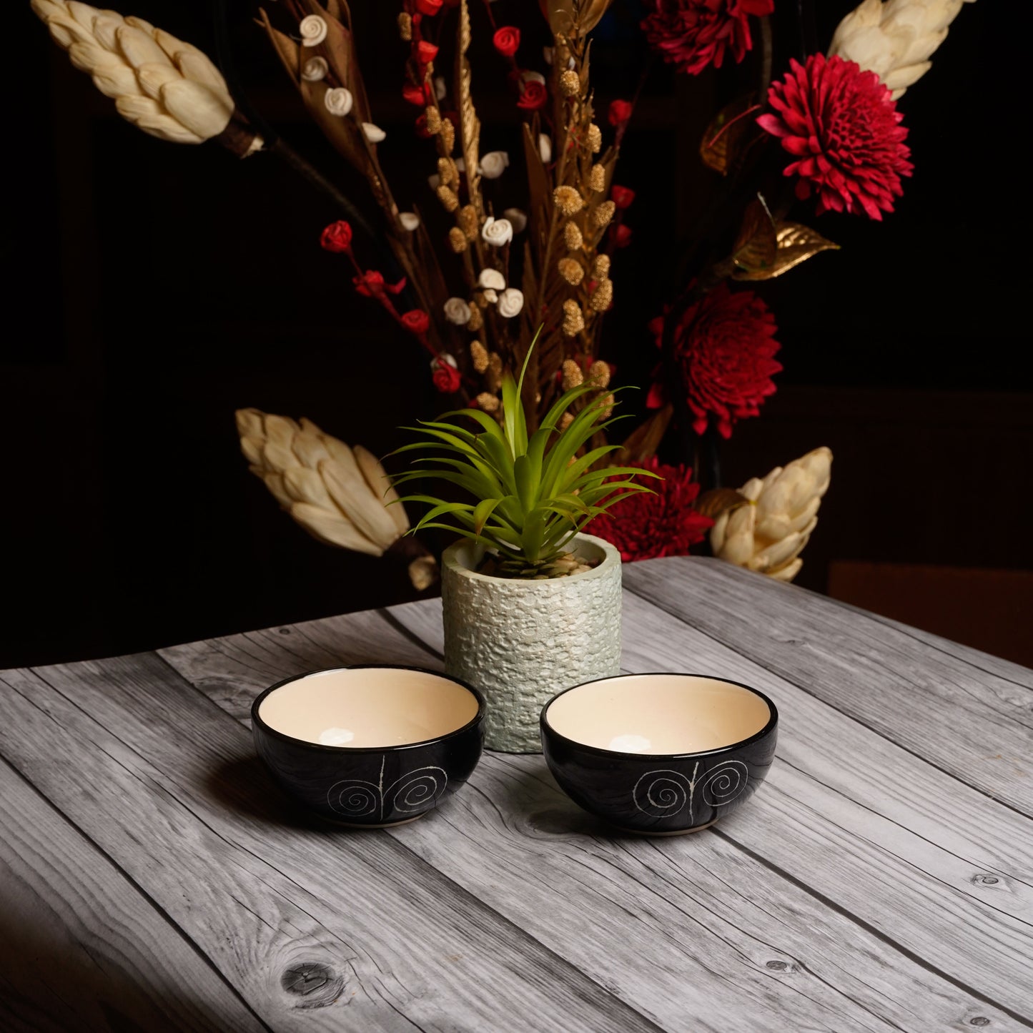 Caffeine Ceramic Handmade Black Doodle Katori Bowl (Set of 4) - Caffeine Premium Ceramic