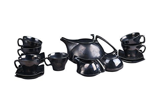 Caffeine Ceramic Handmade Black Ferrous Printed Tea Sets (Set of 15 pcs) - Caffeine Premium Ceramic