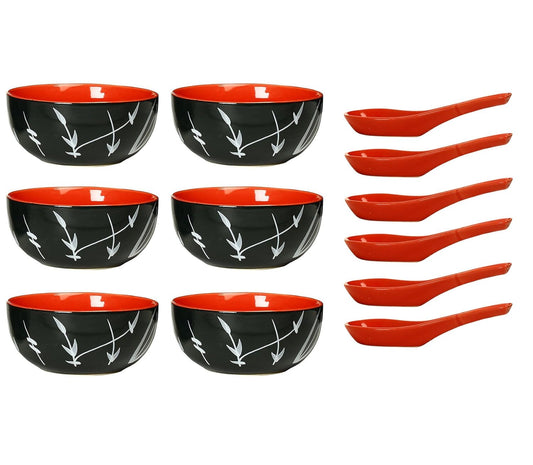 Caffeine Ceramic Handmade Black Bamboo Soup Bowl with Spoon (Set of 6) - Caffeine Premium Stoneware