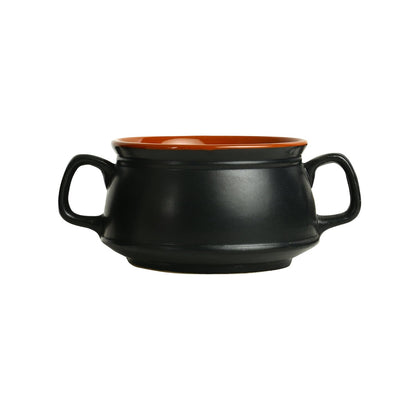 Caffeine Ceramic Handmade Black & Brown Double Handle Soup Bowl with Spoon Set of 2 - Caffeine Premium Stoneware