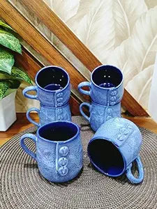 Caffeine Ceramic Handmade Blue Buttoned Tea Cup (Set of 6) - Caffeine Premium Stoneware