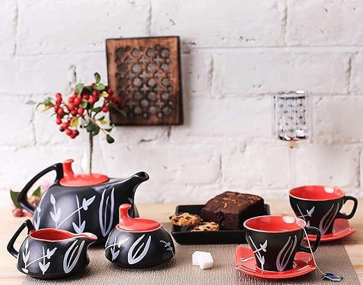 Caffeine Ceramic Handmade Black Bamboo Printed Tea Sets (Set of 15 pcs) - Caffeine Premium Stoneware