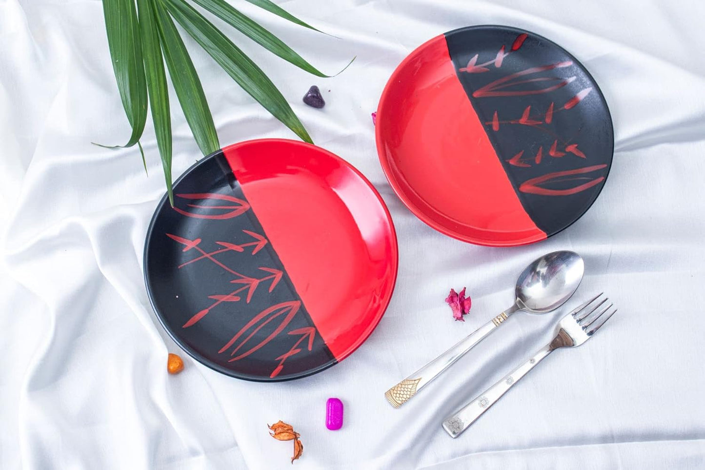 Caffeine Premium Ceramic Handmade Red and Black bamboo Plates Set of 12  - Caffeine Premium Stoneware