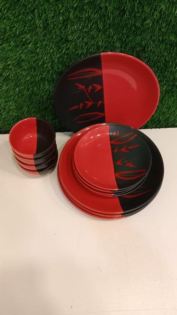 Caffeine Premium Ceramic Handmade Red and Black bamboo Plates Set of 12  - Caffeine Premium Stoneware