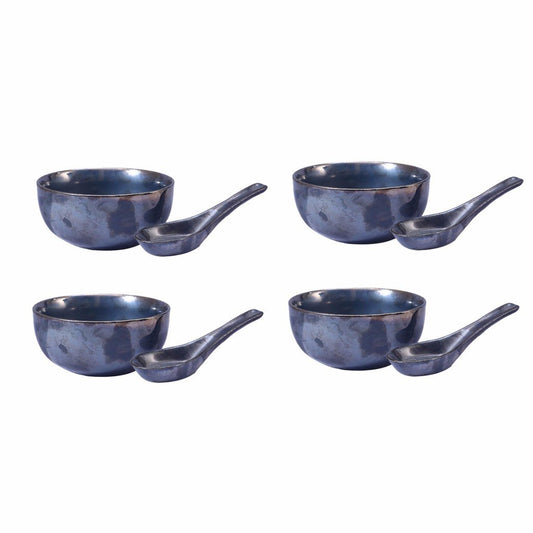 Caffeine Ceramic Handmade Black Ferrous Soup Bowl with spoon (Set of 4) - Caffeine Premium Stoneware