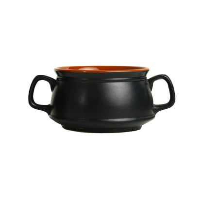 Caffeine Ceramic Handmade Black & Brown Double Handle Soup Bowl with spoon set of 6 - Caffeine Premium Ceramic 