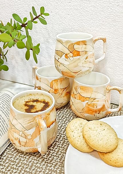 caffeine Ceramic Golden Glossy Marble Tea Cup  set 4 - Caffeine Premium Stoneware