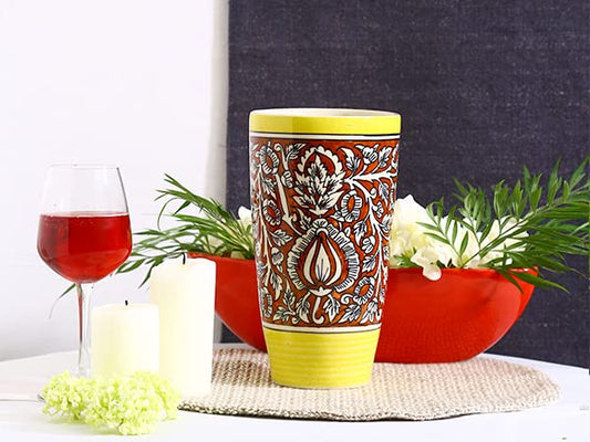 Caffeine Premium Ceramic Handmade Red and Yellow Mughal Home Decor Flower Vase (Set of 1)