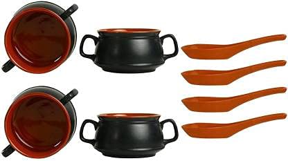 Caffeine Ceramic Handmade Black & Brown Double Handle Soup Bowls with Spoon Set 4 - Caffeine Premium  Ceramic 