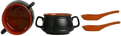 Caffeine Premium Ceramic Handmade Black & Brown Double Handle Soup Bowl with Spoon Set of 2 - Caffeine Premium Stoneware