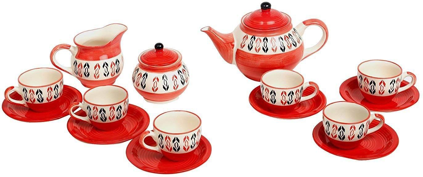 Ceramic Caffeine Handmade Stoneware Arrow Pattern Tea Set of 15 - Caffeine Premium Ceramic