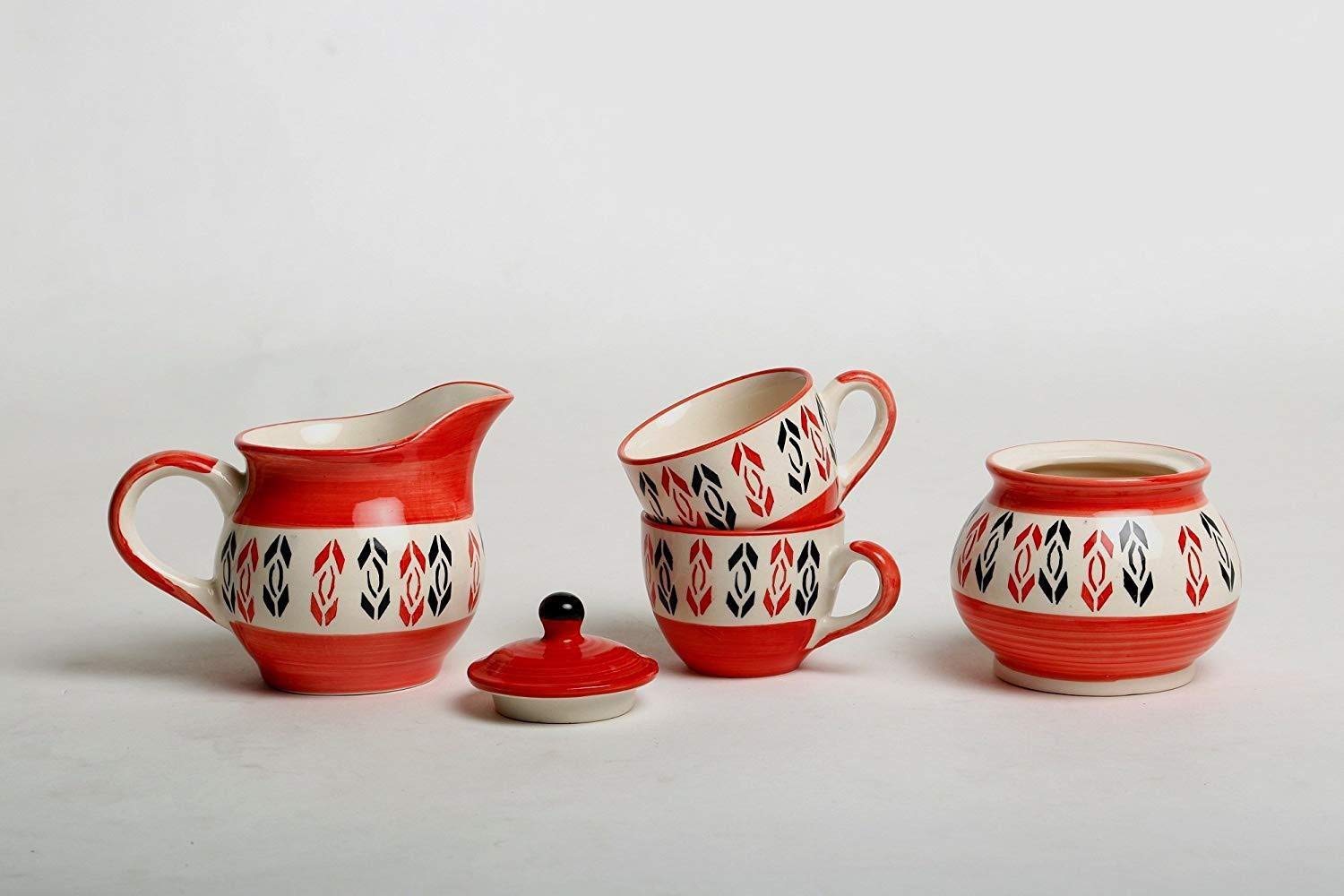 Ceramic Caffeine Handmade Stoneware Arrow Pattern Tea Set of 15 - Caffeine Premium Ceramics