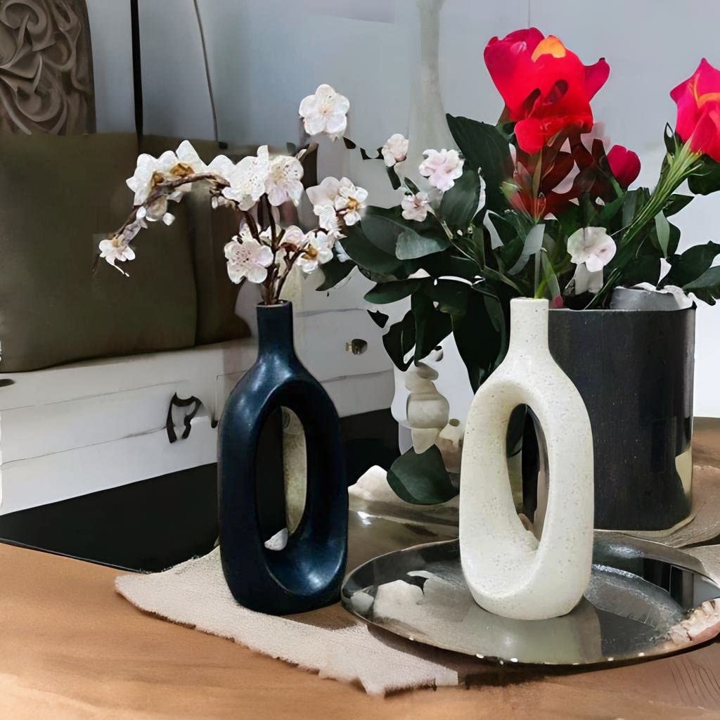 Caffeine Premium Ceramic Handmade Hollow White Matte Finish & Black Matte Finish Decorative Flower Vase (Set of 2)