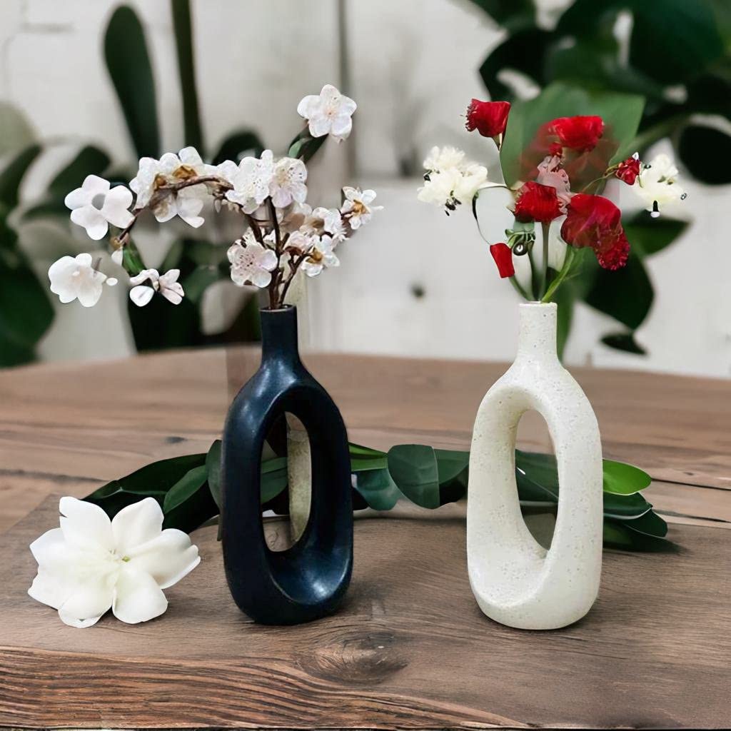 Caffeine Premium Ceramic Handmade Hollow White Matte Finish & Black Matte Finish Decorative Flower Vase (Set of 2)