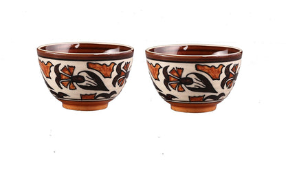 Caffeine Ceramic Handmade  brown & white Flower Print Dessert Bowl (Set of 4, 150 ml) - Caffeine Premium Stoneware