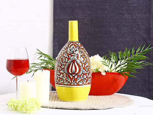 Caffeine Premium Ceramic Handmade Yellow and red mughal Elite Oval Shape Flower vase (Set of 1)