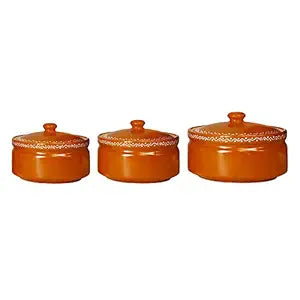 Caffeine Ceramic Handmade Brown Terracotta Serving Donga casserole with lid (Set of 3)