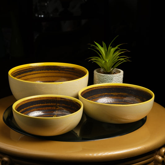 Caffeine Premium  Ceramic Handmade Cream & Brown with Yellow Rim Serving Bowl (Set of 3) - Caffeine Premium Stoneware