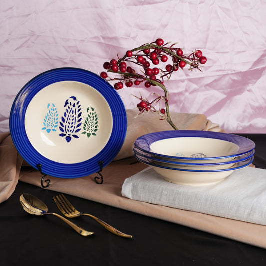 Caffeine Ceramic Handmade Stoneware Blue Boota Soup Plates/Pasta Plates/Maggie Plates/Macaroni Plate 9 inch (Set of 4 Dishwasher & Microwave Safe - Caffeine Premium Stoneware