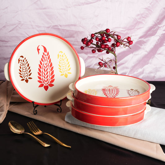 Caffeine Ceramic Stoneware Handmade Red Boota Sizzler Tray 9.5 Inch (Set of 4) - Caffeine Premium Stoneware