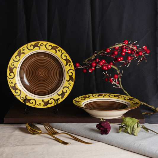 Caffeine Ceramic Handmade Stoneware Brown & Yellow Leaf 9" Soup Plates/Maggie Plate/Pasta Plate/Macaroni Plate (Set of 2 Dishwasher & Microwave Safe) - Caffeine Premium Stoneware