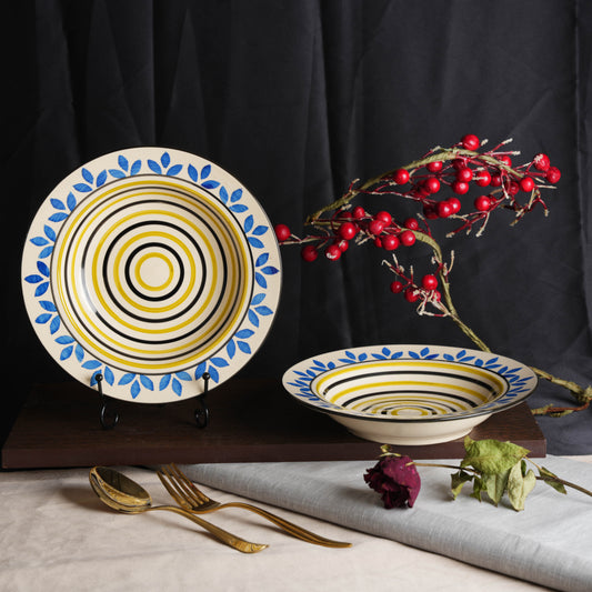 Caffeine Ceramic Handmade Stoneware Blue Asmiya Soup Plates/Maggie Plate/Pasta Plate/Macaroni Plate 9" (Set of 2 Dishwasher & Microwave Safe) - Caffeine Premium Stoneware