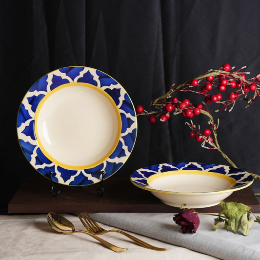 Caffeine Ceramic Handmade Stoneware Blue Umrao Pattern 9" Soup Plates/Maggie Plate/Pasta Plate/Macaroni Plate (Set of 2 Microwave & Dishwasher Safe) - Caffeine Premium Stoneware