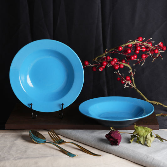 Caffeine Ceramic Handmade Stoneware Blue 9 inches Soup Plate/Pasta Plate/Maggie Plate/Macaroni Plate - (Set of 2 Dishwasher & Microwave Safe) - Caffeine Premium Stoneware