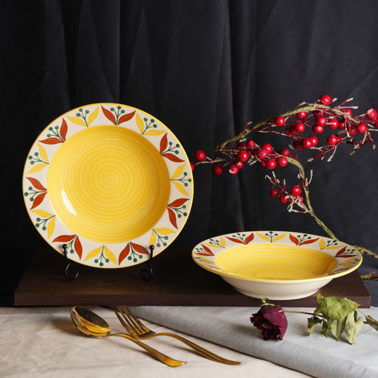 Caffeine Ceramic Handmade Stoneware Yellow Lily 9 Inch Soup Plate/Pasta Plate/Maggie Plate/Macaroni Plate(Set of 2 Dishwasher & Microwave Safe) - Caffeine Premium Stoneware