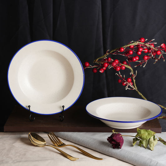 Caffeine Ceramic Handmade Stoneware white  Marble Matte blue patti Soup Plate/Pasta Plate/Maggie Plate/Macaroni Plate 9" (Set of 2 Dishwasher & Microwave Safe) - Caffeine Premium Stoneware