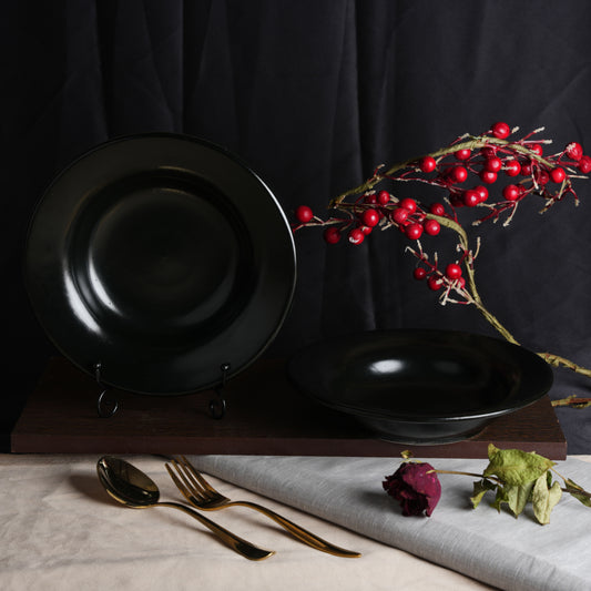 Caffeine Ceramic Handmade Stoneware Black Glossy Soup Plates , Pasta Plates, Maggie Plates 9 inch ( Set of 2 Microwave & Dishwasher Safe - Caffeine Premium Stoneware