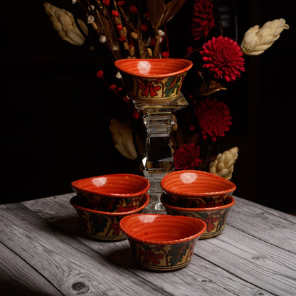 Caffeine Ceramic Handmade Orange Flora Katori Bowl (Set of 6) - Caffeine Premium Stoneware