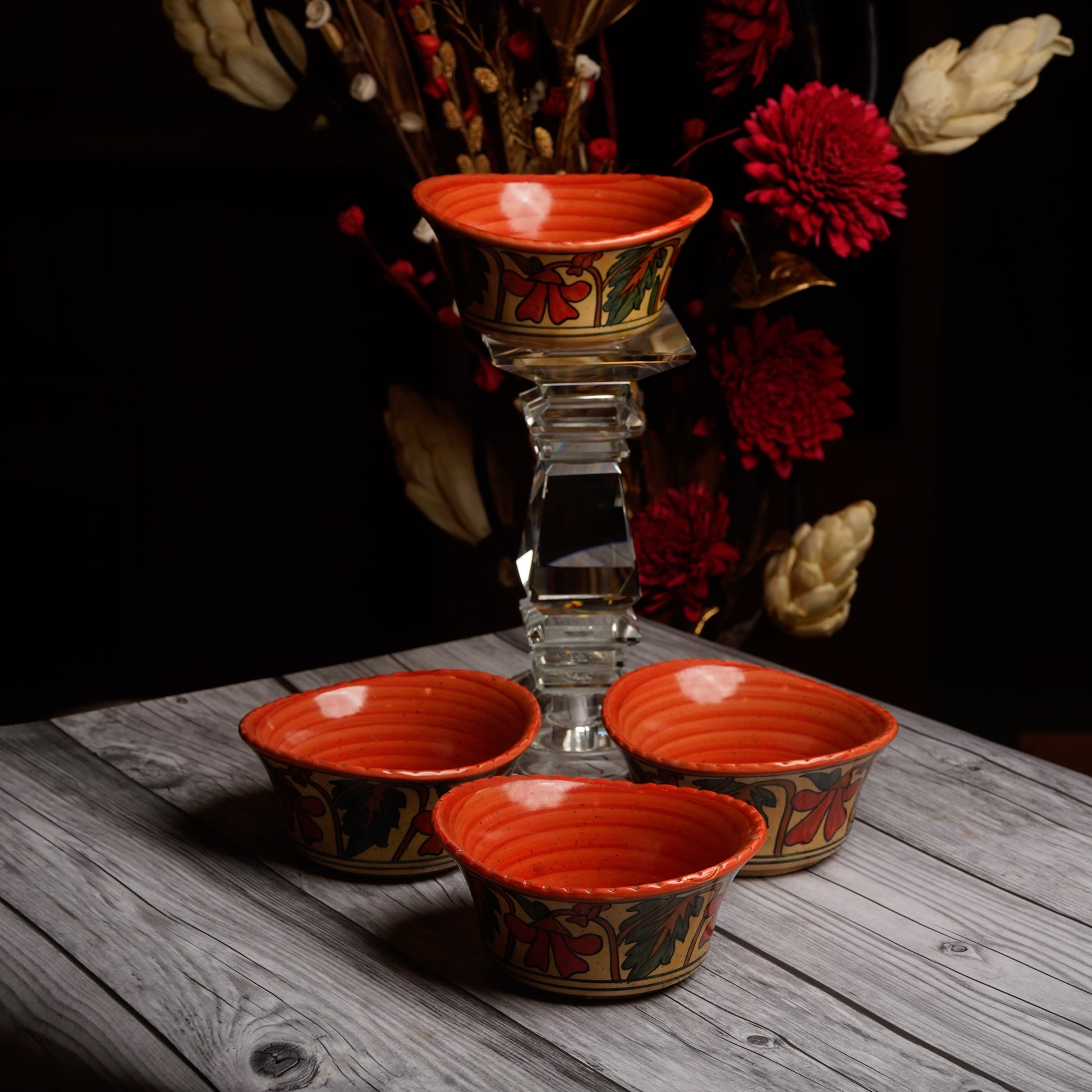 Caffeine Ceramic Handmade Orange Flora Katori Bowl (Set of 6) - Caffeine Premium Stoneware