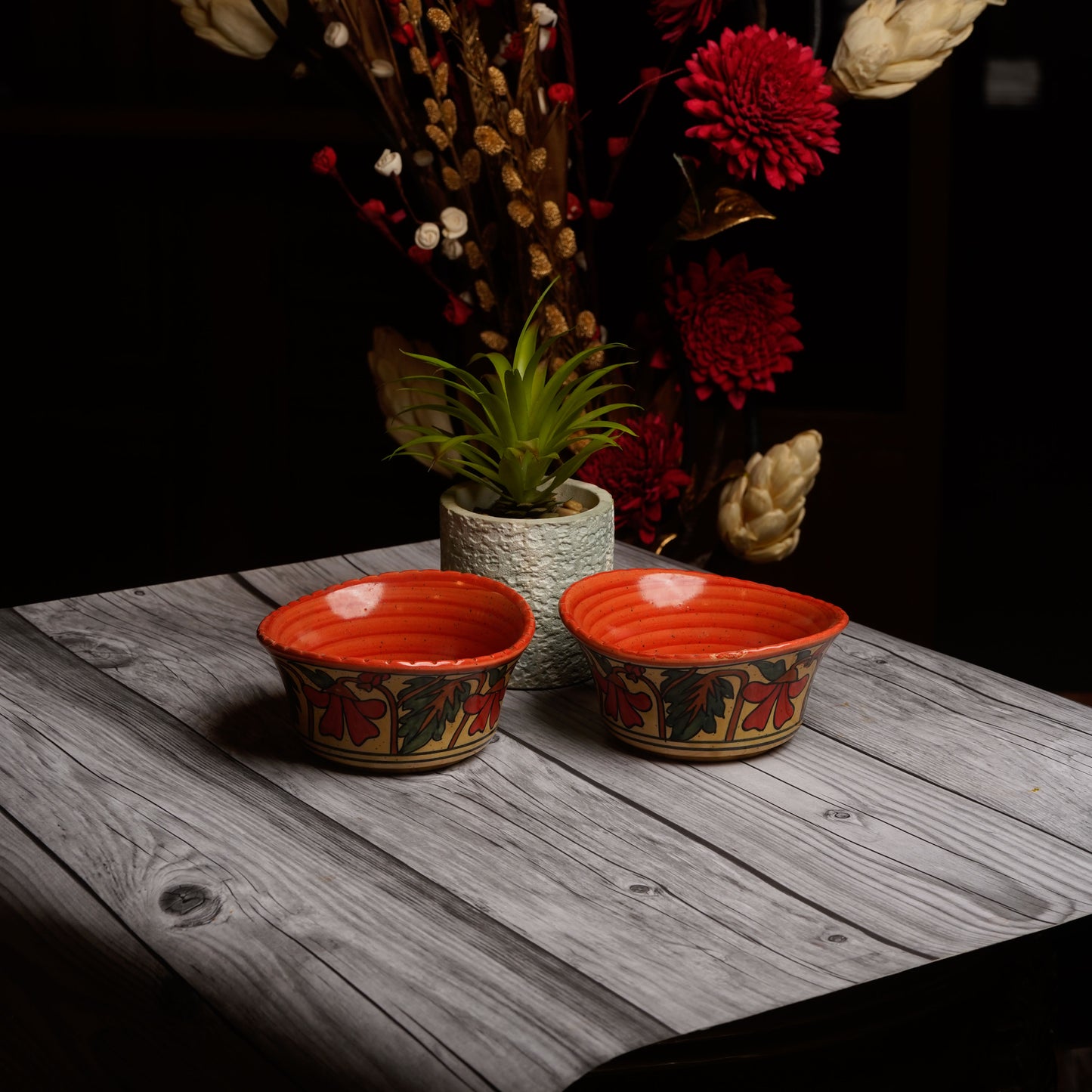 Caffeine Ceramic Handmade Orange Flora Katori Bowl (Set of 6) - Caffeine Premium Stoneware