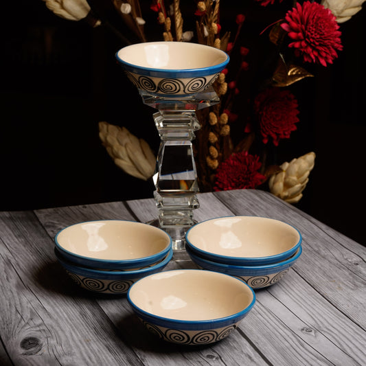 Caffeine Ceramic Handmade Blue Doodle Katori Bowl- (Set of 6) - Caffeine Premium Stoneware