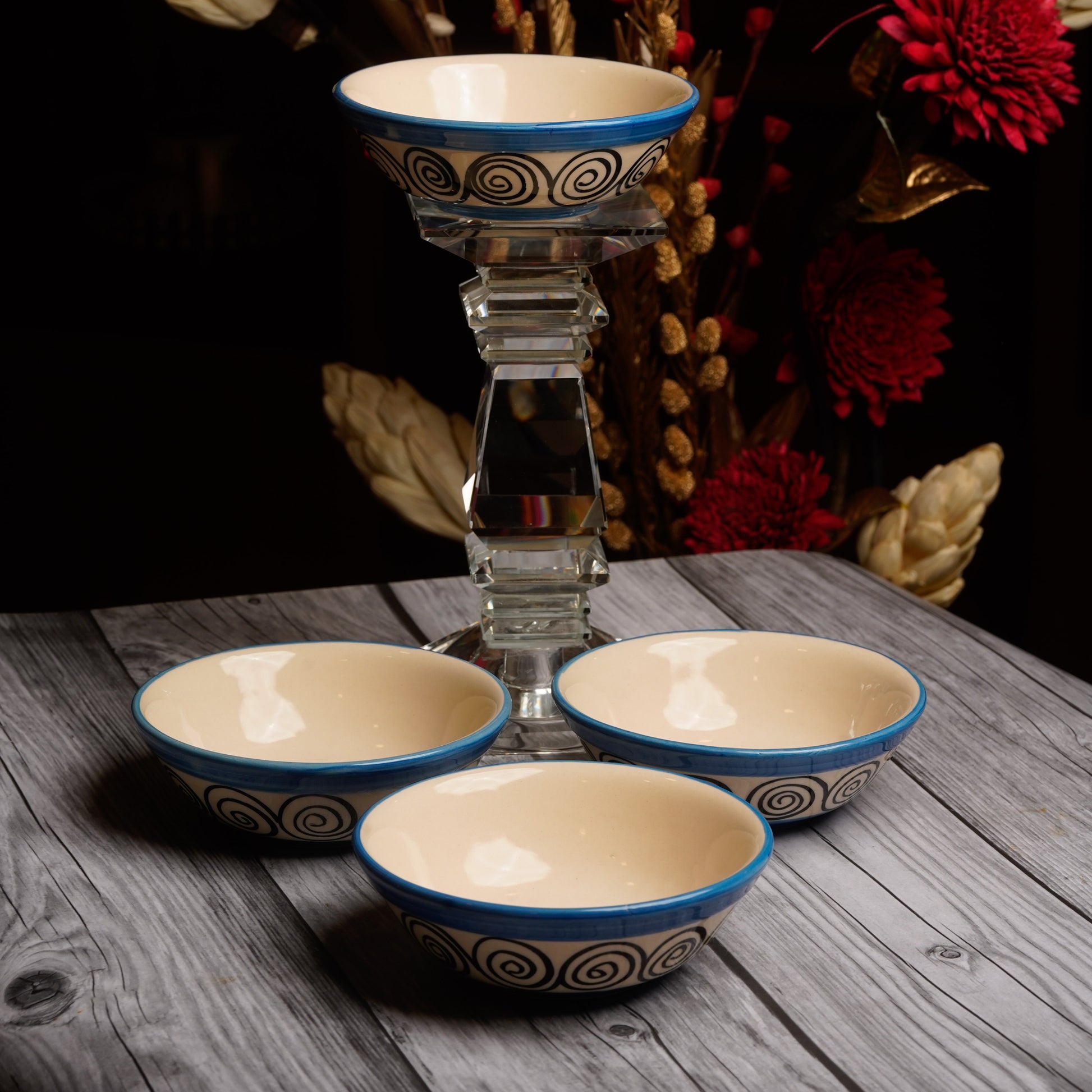 Caffeine Ceramic Handmade Blue Doodle Katori Bowl- (Set of 6) - Caffeine Premium Stoneware