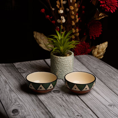 Caffeine Ceramic Handmade Green Tribal Katori Bowl (Set of 6) - Caffeine Premium Stoneware