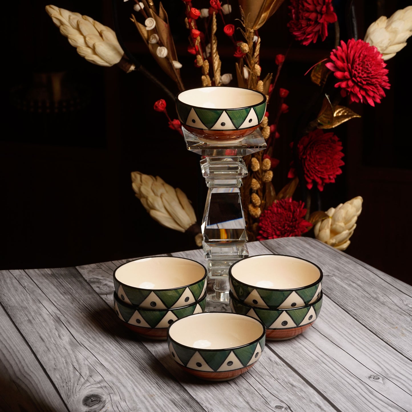 Caffeine Ceramic Handmade Green Tribal Katori Bowl (Set of 6) - Caffeine Premium Stoneware