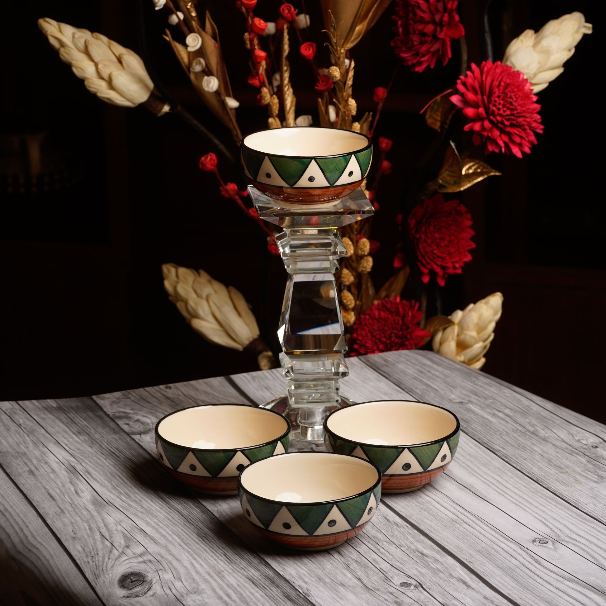 Caffeine Ceramic Handmade Green Tribal Katori Bowl (Set of 6) - Caffeine Premium Stoneware