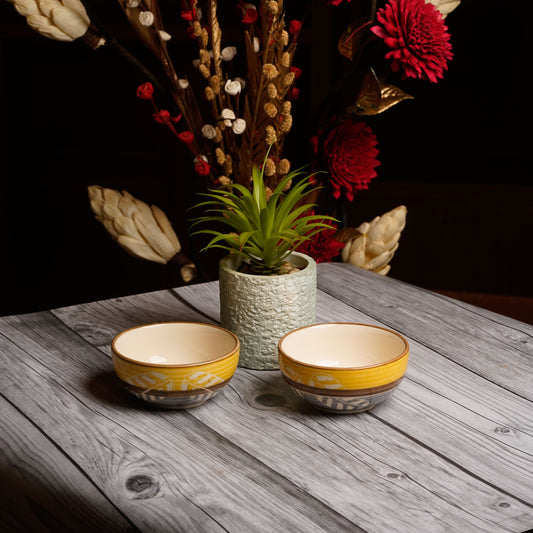 Caffeine Ceramic Stoneware Yellow & Grey Leaf katori Bowl Set of 4 - Caffeine Premium Stoneware