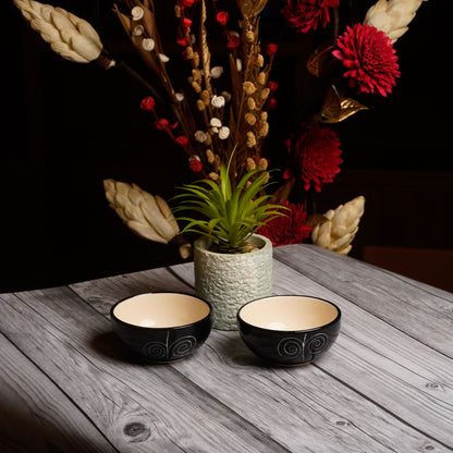 Caffeine Ceramic Handmade Black Doodle Katori Bowl (Set of 6) - Caffeine Premium Stoneware