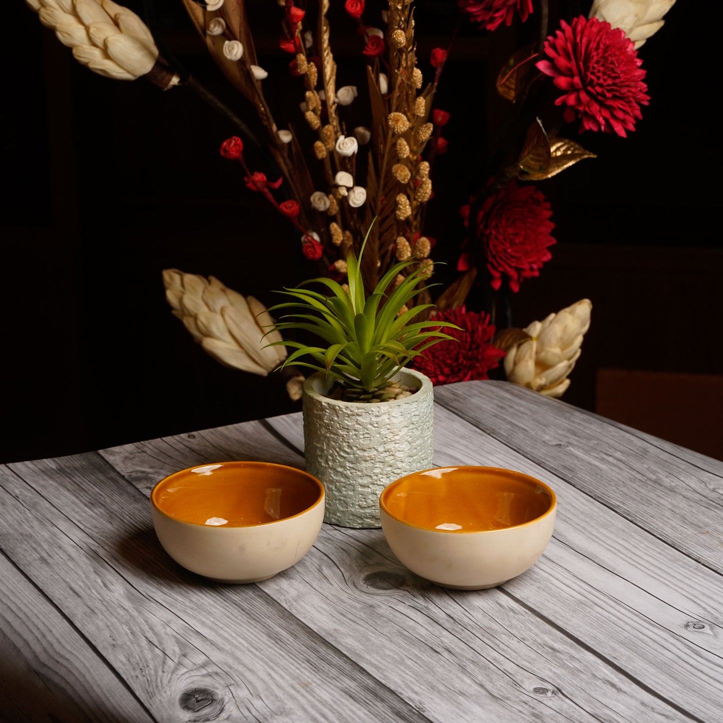 Caffeine Ceramic Handmade White & Mustard katori Bowl (Set of 6) - Caffeine Premium Stoneware