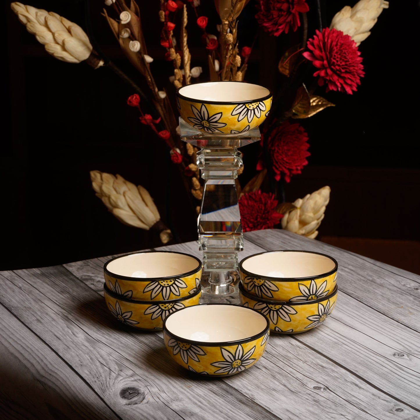Caffeine Ceramic Handmade Californian Sunflower Printed Katori Bowl (200 ML, Set of 6) - Caffeine Premium Stoneware