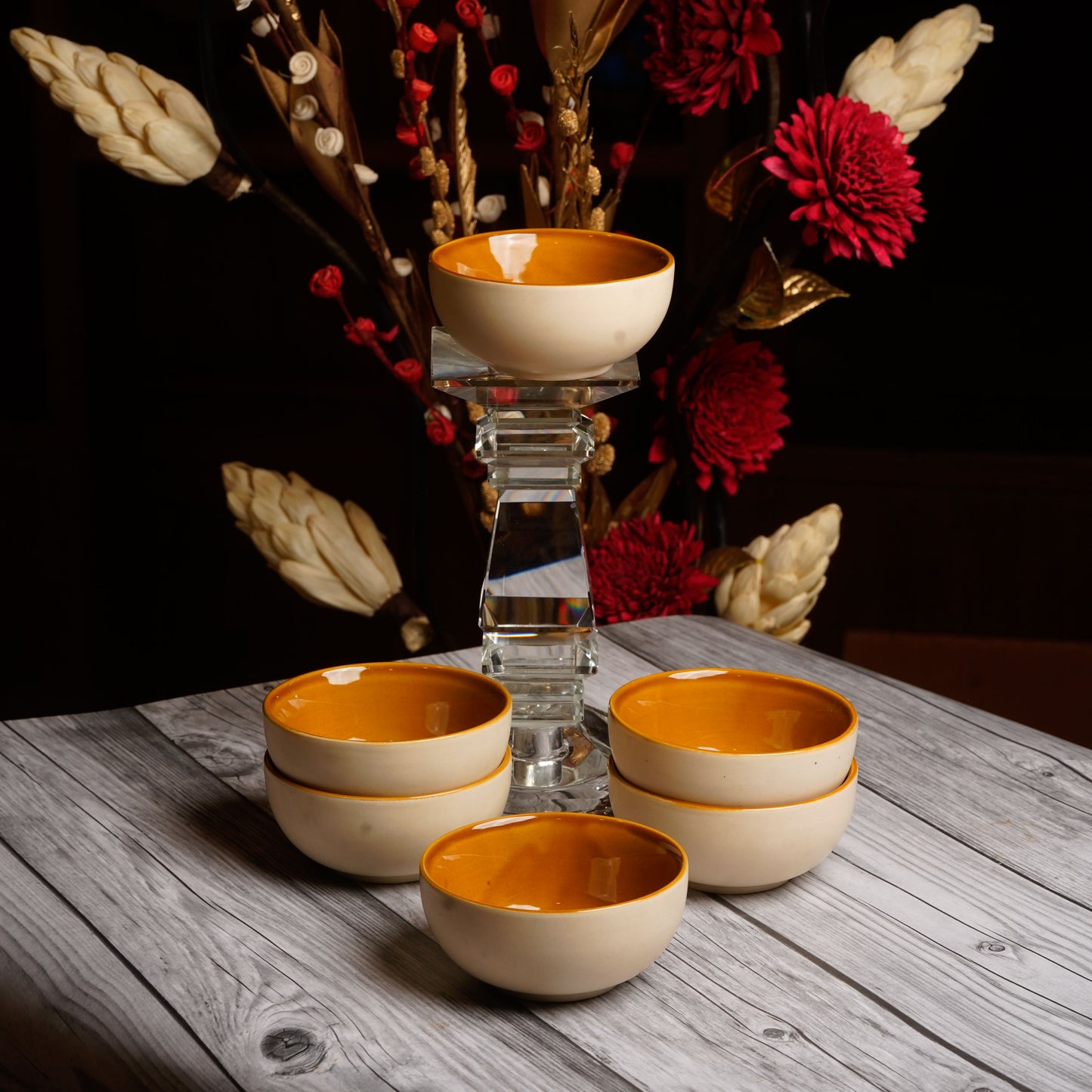 Caffeine Ceramic Handmade White & Mustard katori Bowl (Set of 6) - Caffeine Premium Stoneware