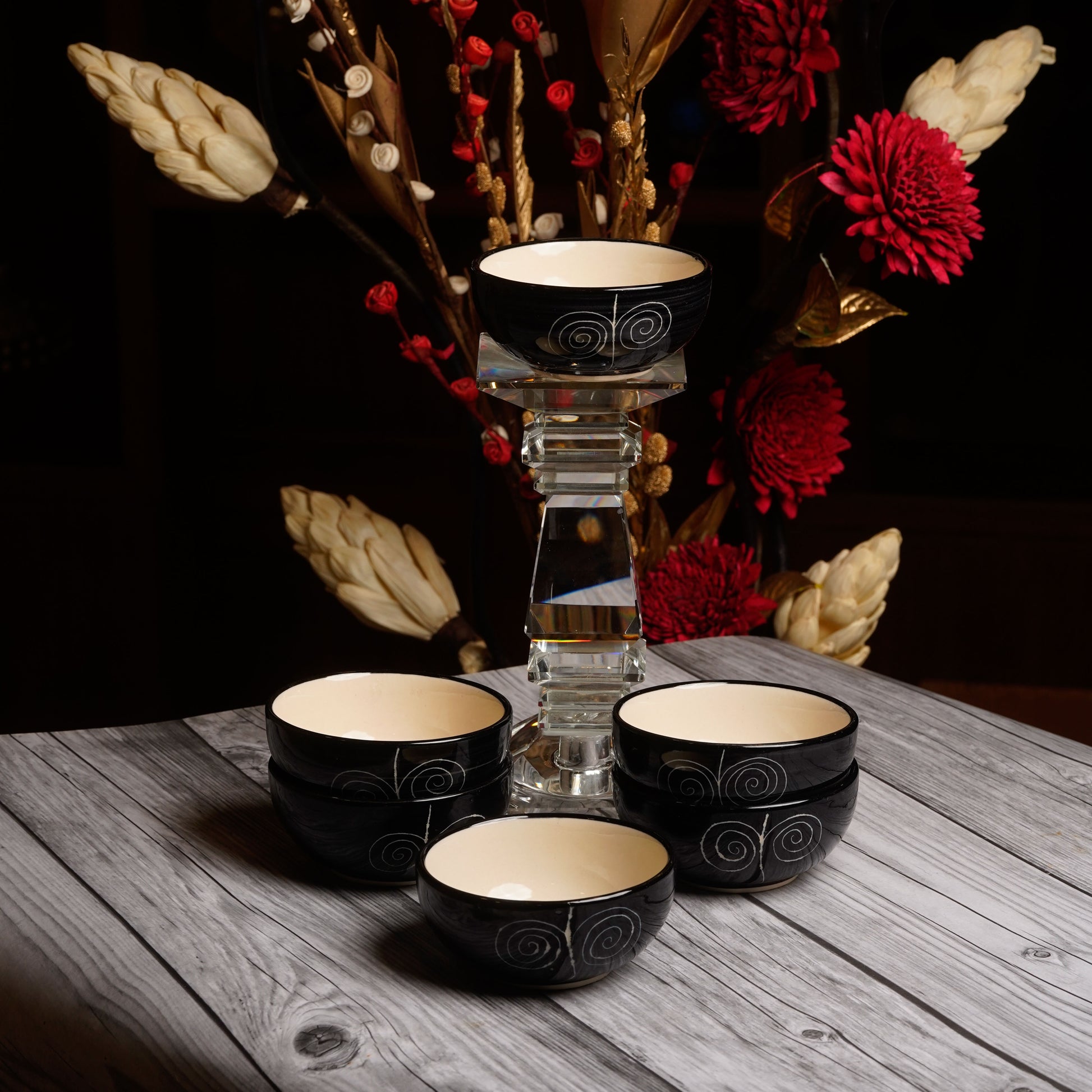 Caffeine Ceramic Handmade Black Doodle Katori Bowl (Set of 6) - Caffeine Premium Stoneware