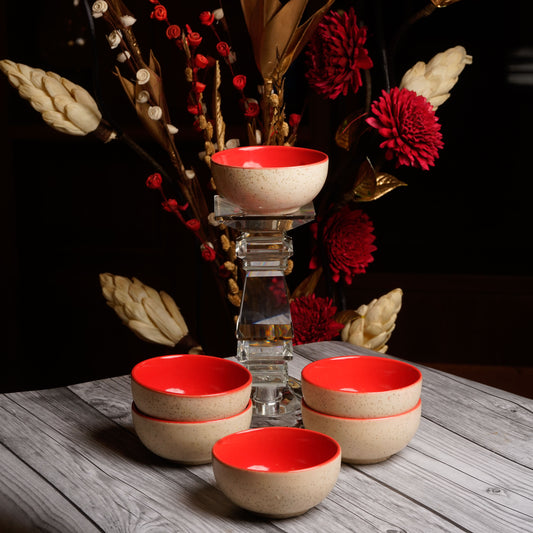 Caffeine Ceramic Handmade Cream Matte and Red Katori Bowl (Set of 6) - Caffeine Premium Stoneware