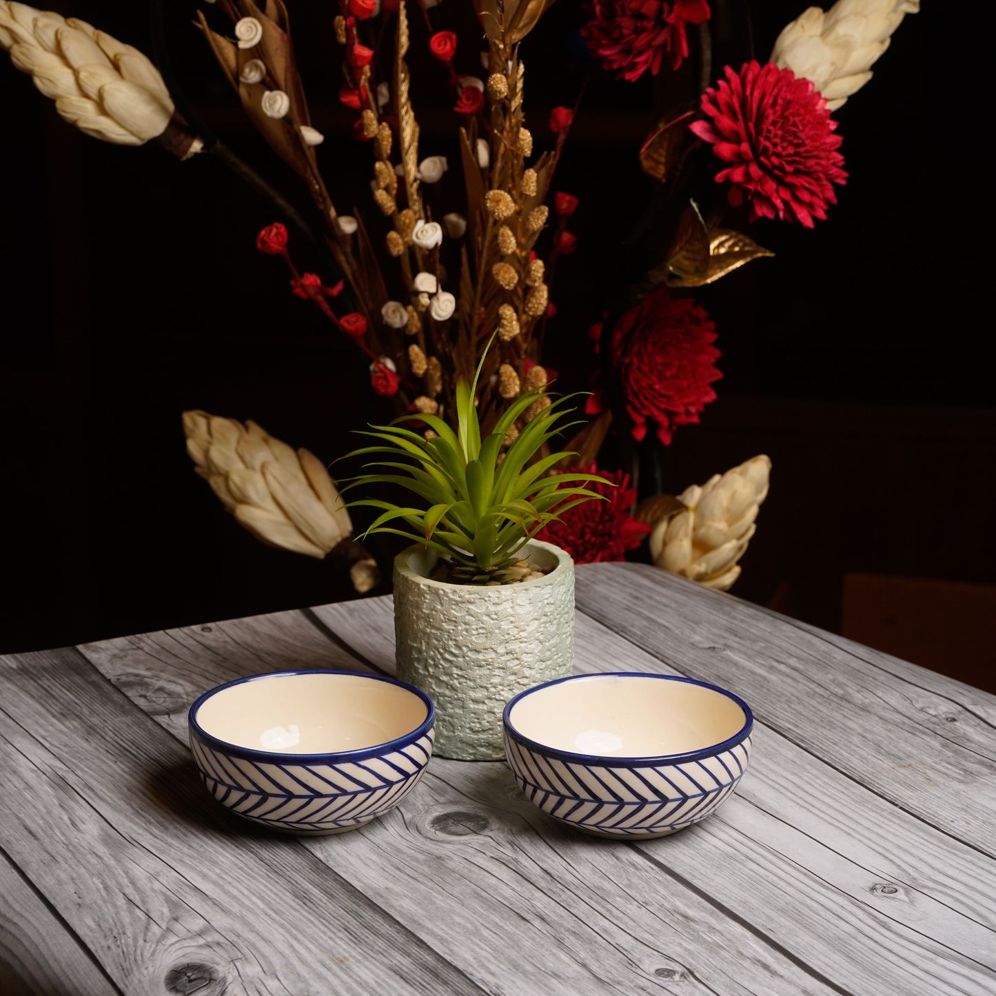 Caffeine Ceramic Handmade Royal Blue Chevron Katori Bowls (200 ml, Set of 2) - Caffeine Premium Stoneware