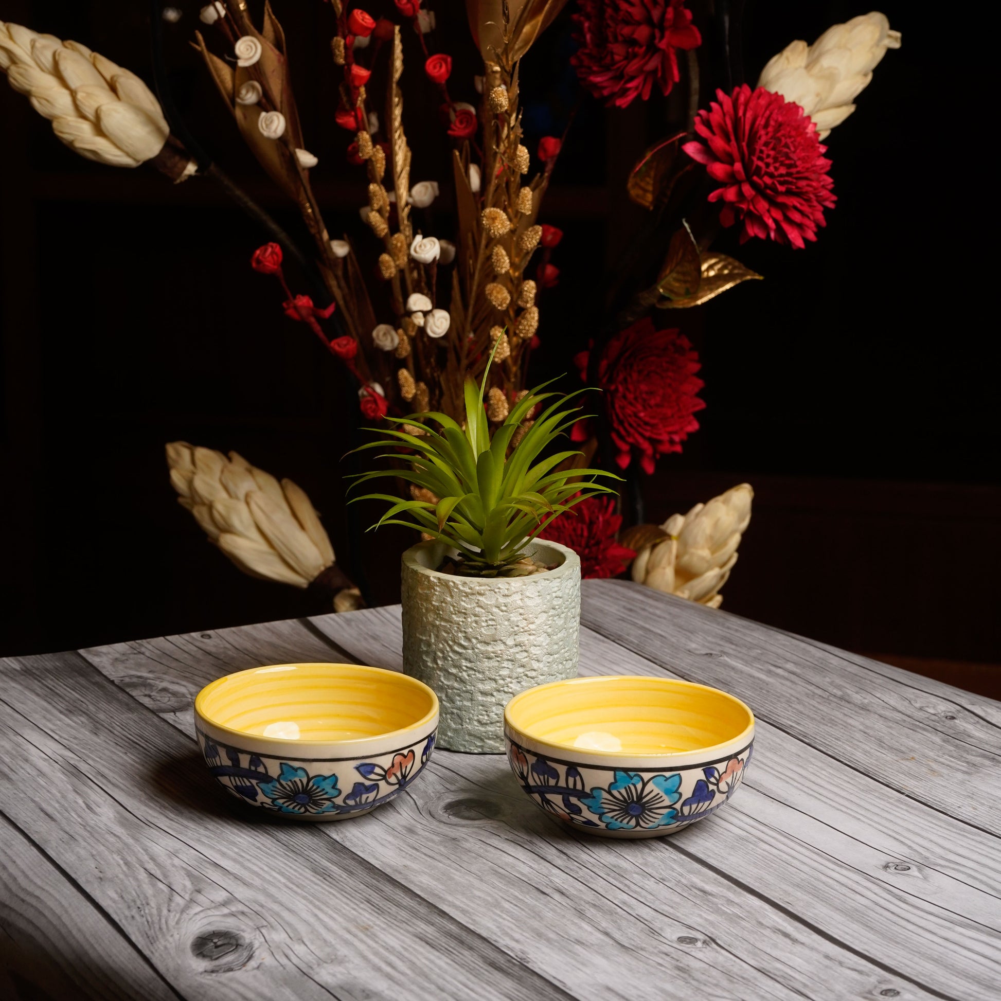 Caffeine Ceramic Handmade Royal Blue & Yellow Flowra Print Katori Bowls (200 ml, Set of 6) - Caffeine Premium Stoneware